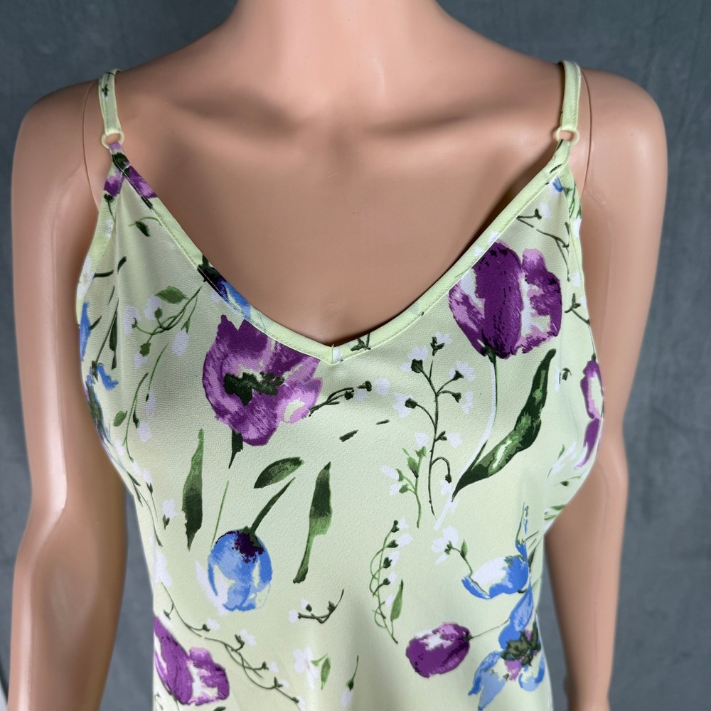 Vintage Express Floral Maxi Dress 11/12 Green Purple Tulip Slip 90s Straps - Picture 14 of 15